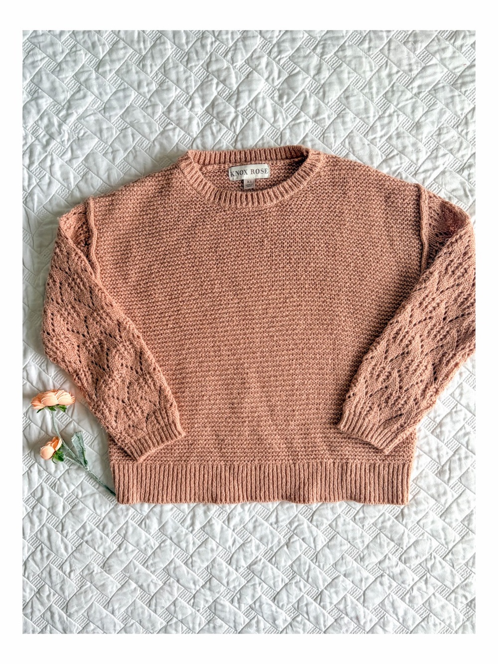 Knox Rose Pink Knit Sweater XS Textured Lace Sleeve Cozy Boho Pullover